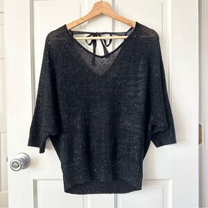 LOFT Black Shimmer Batwing Sweater Sequin & Bow Detail Holiday Size M